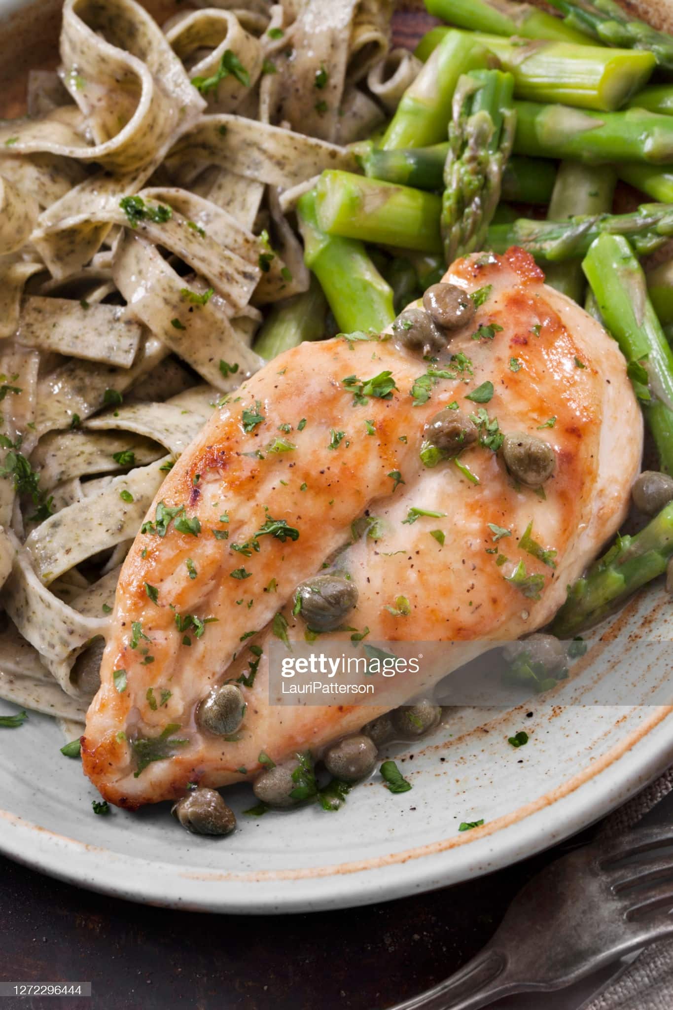 Chicken Piccata with Herb Pasta, Asparagus and Fresh Artisan Bread