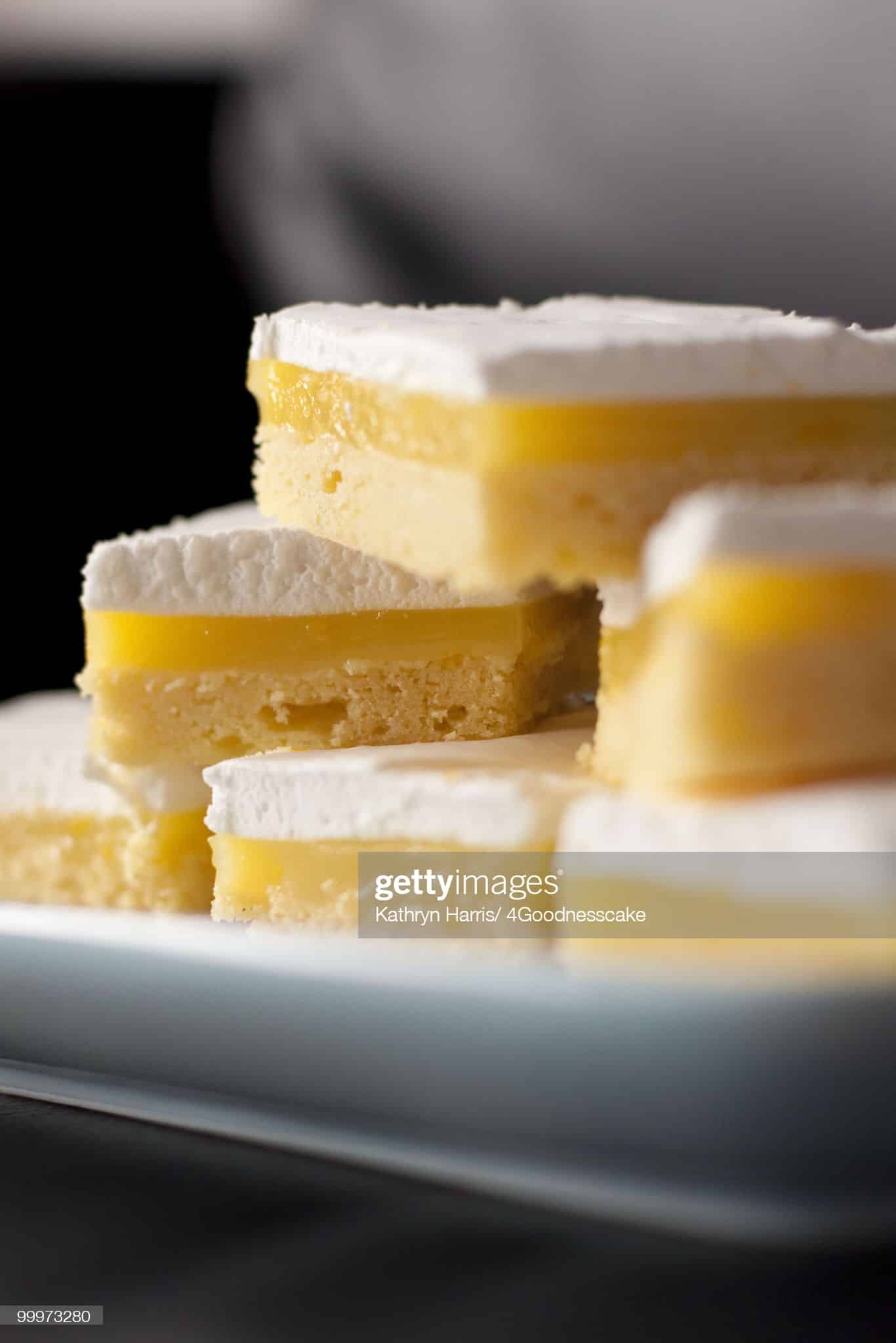 Home baked lemon bars with marshmallow topping.