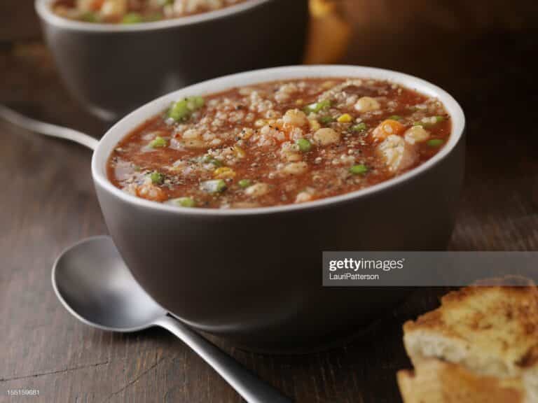 Quinoa Vegetable Soup with Chickpeas, Fresh Herbs and Toasted Bread- Photographed on Hasselblad H3D2-39mb Camera