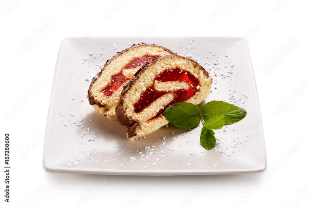 Sweet cake with strawberry jelly on white background